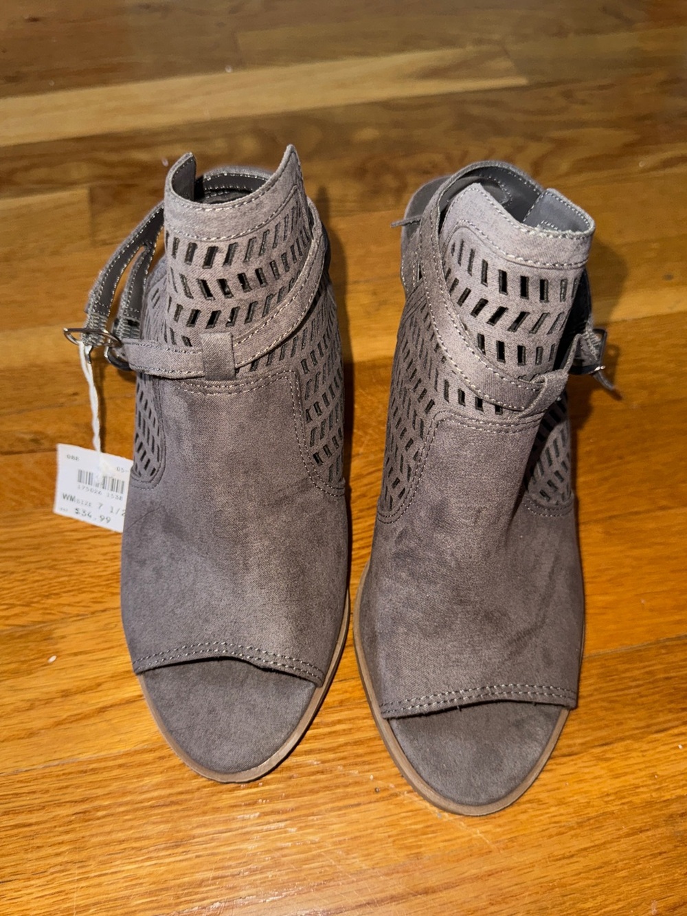 American Eagle Outfitters Grey Suede Peep-Toe Laser-Cut Ankle Booties